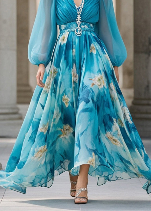 Chiffon Deep V-Neck Bishop Sleeve Ruched Bodice Belted Maxi Gown - View 4
