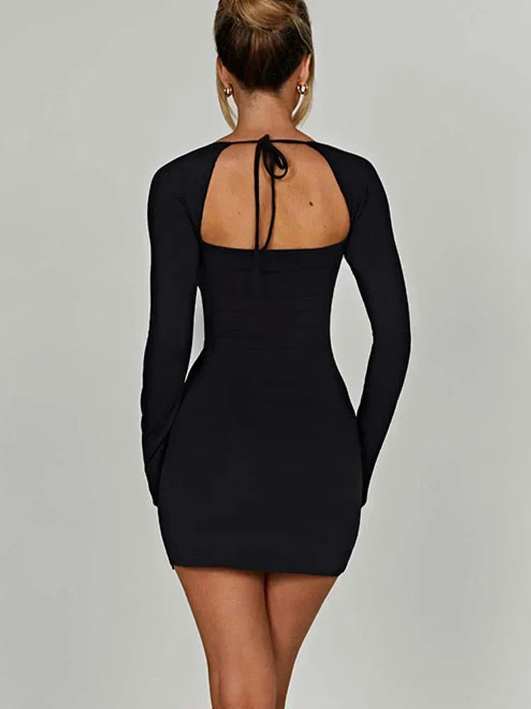 Lace Up Split Backless Long Sleeve Mini Dress - View 3