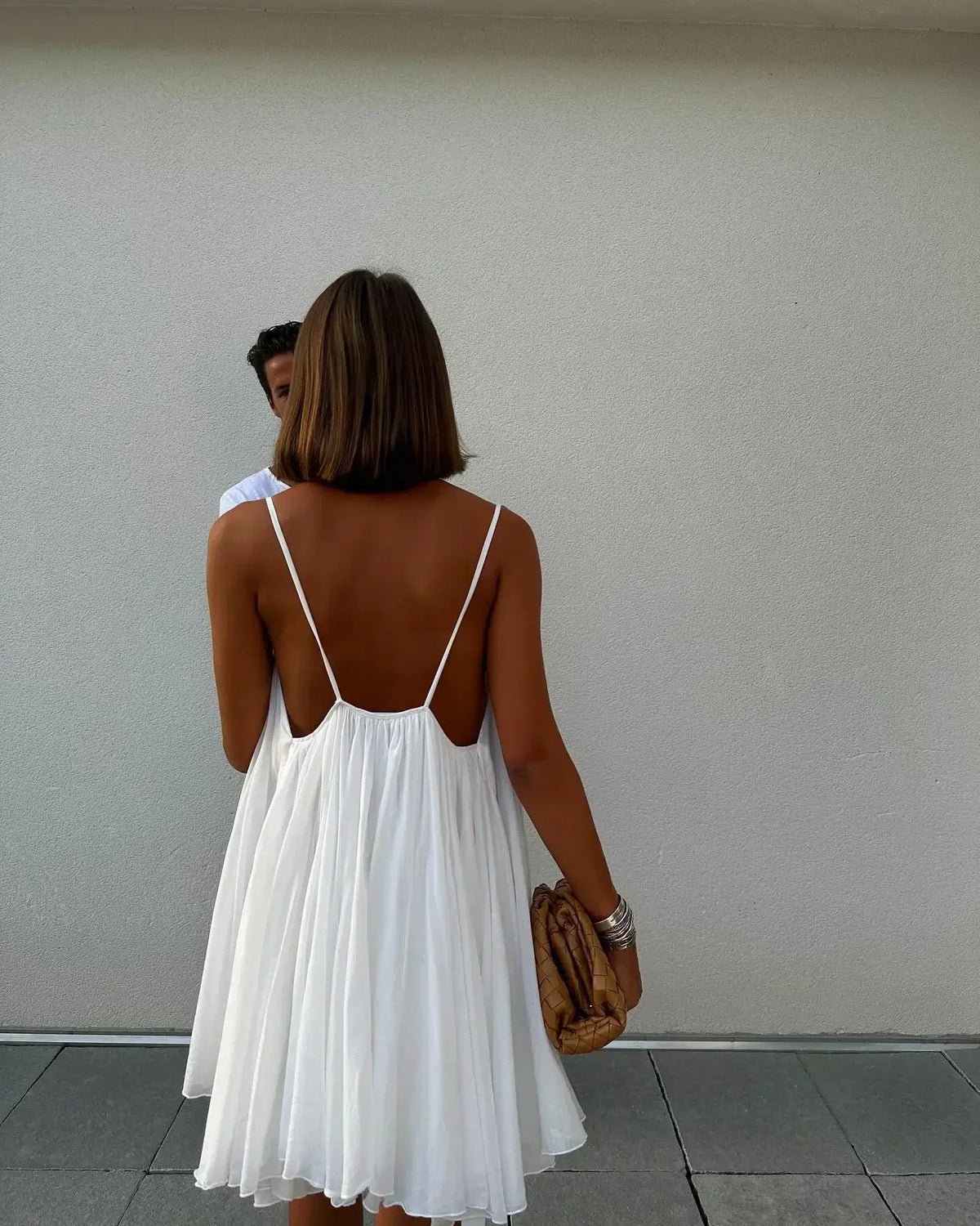 Chiffon Spaghetti Strap Deep V-Neck Gathered Flowy Babydoll Dress - View 3