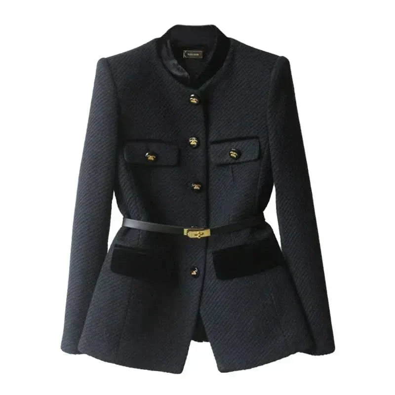 Stand Collar Belted Gold Button Tweed Jacket 5