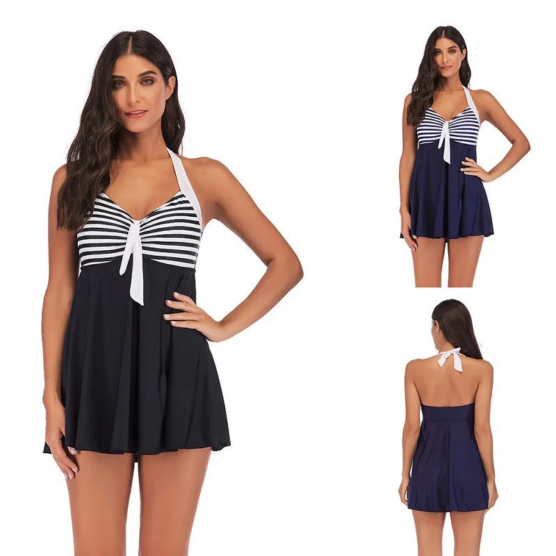Striped Halter Neck Tie Front Swim Dress 2