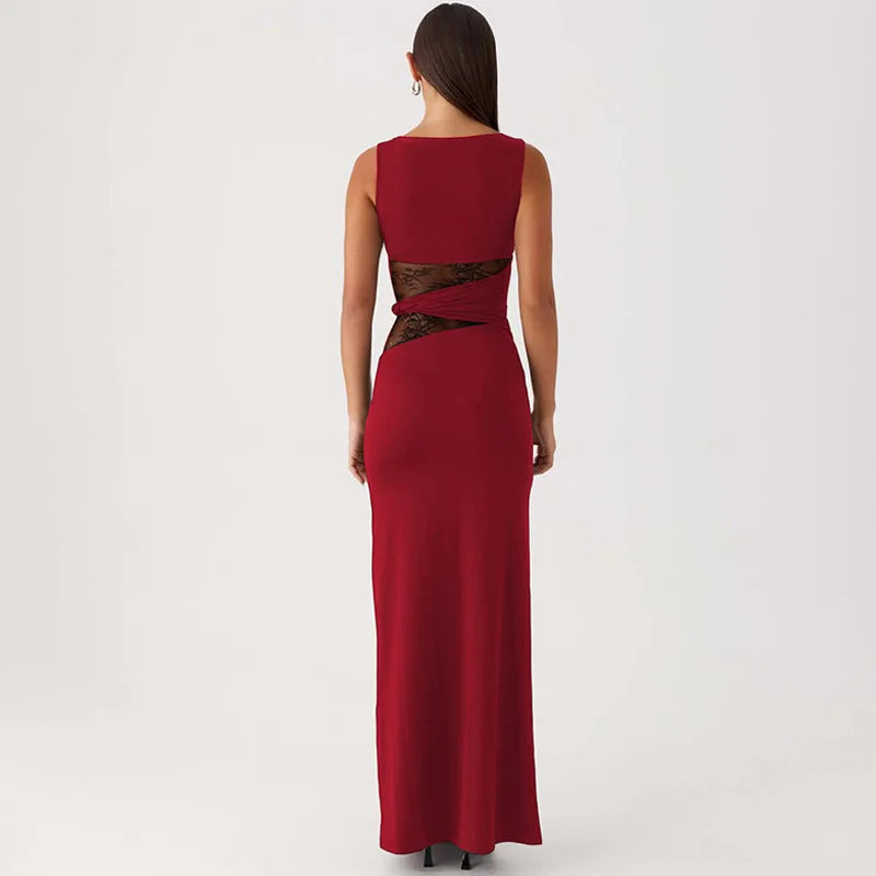 Sheer Lace O Neck Bodycon Long Tank Dress - View 4