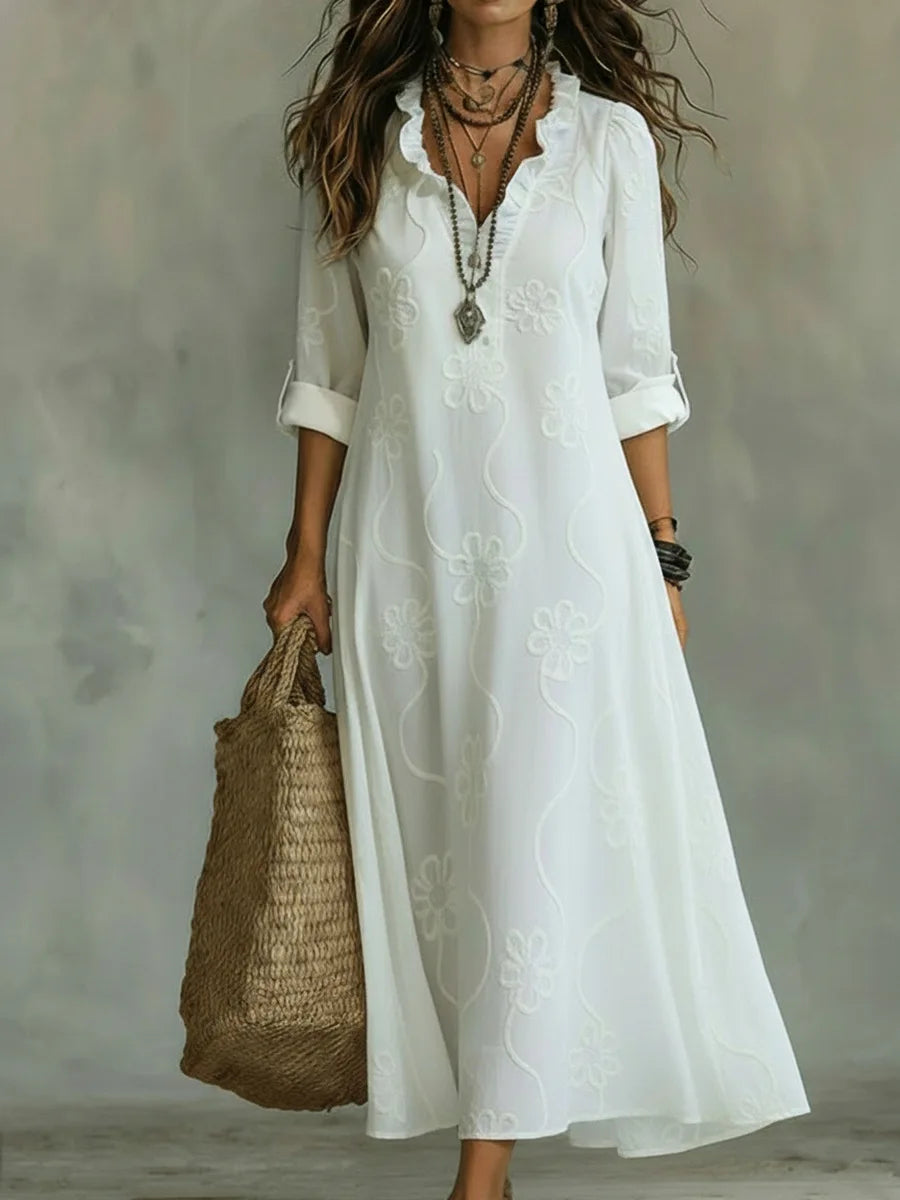 Split Neck Long Sleeve Floral Embroidered Maxi Dress 8