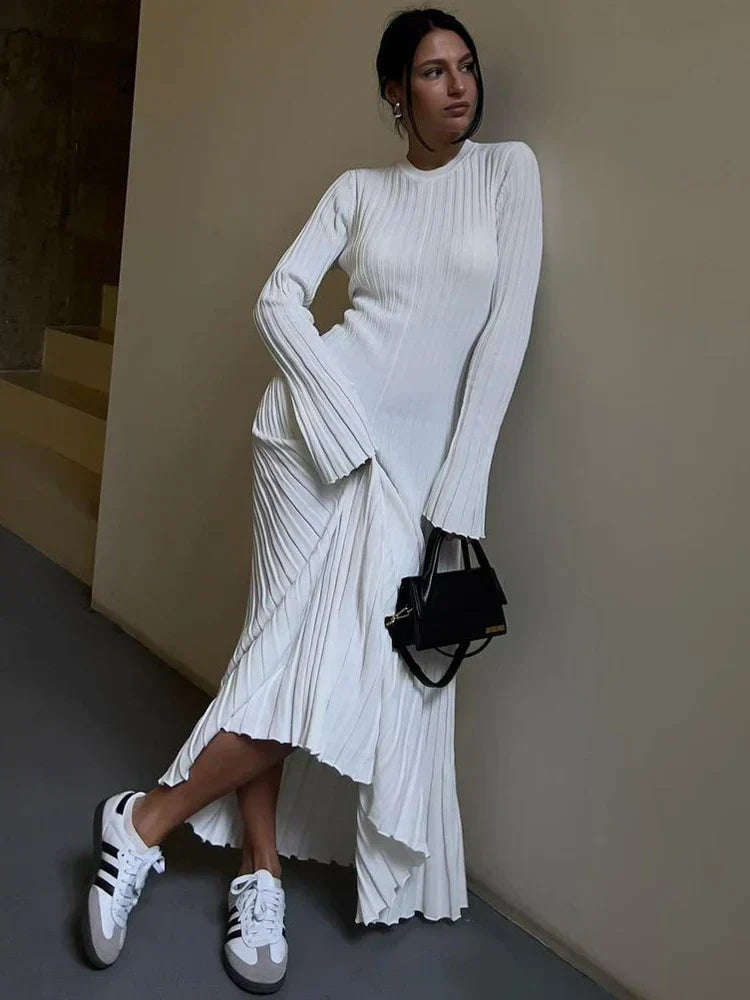 Ribbed Knit Mock Neck Bell Sleeve Bodycon Maxi Dress - View 6