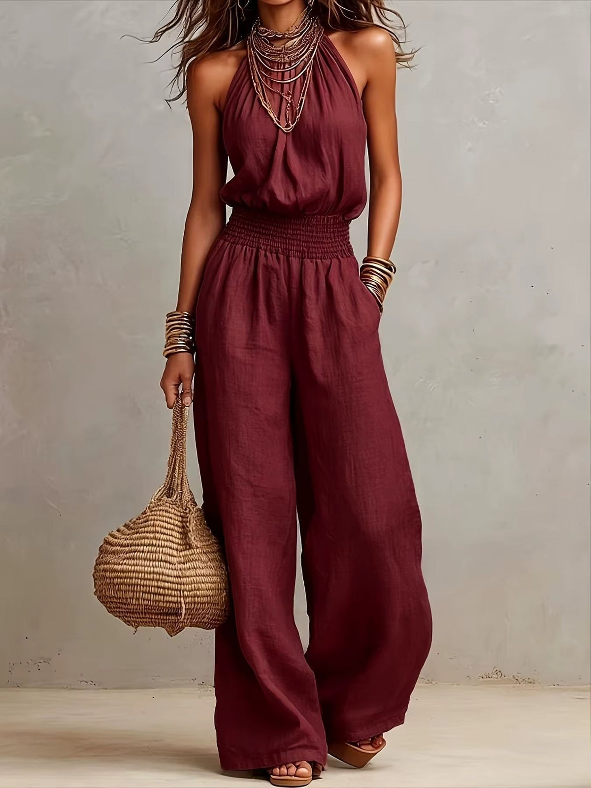 Halter Neck Smocked Waist Wide Leg Jumpsuit 5