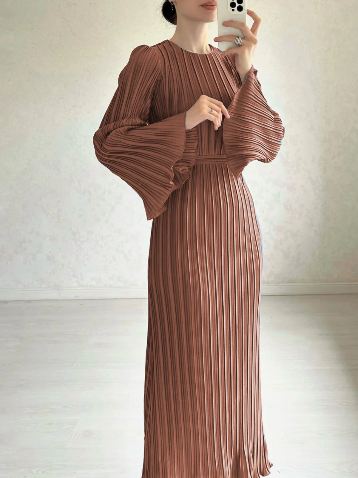 Plissé Pleated Long Sleeve Ruffle Cuff High Neck Bodycon Maxi Dress - View 7