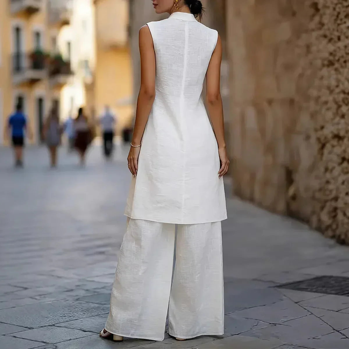 Stand Collar Sleeveless Split Longline Top and Wide Leg Pants Two Piece Set 4