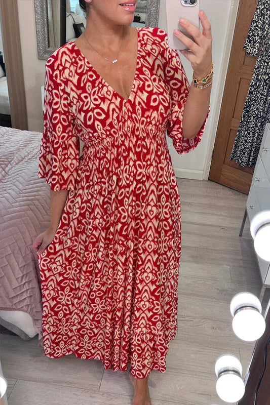 Ikat Print V-Neck Bell Sleeve Smocked Waist Boho Midi Dress
