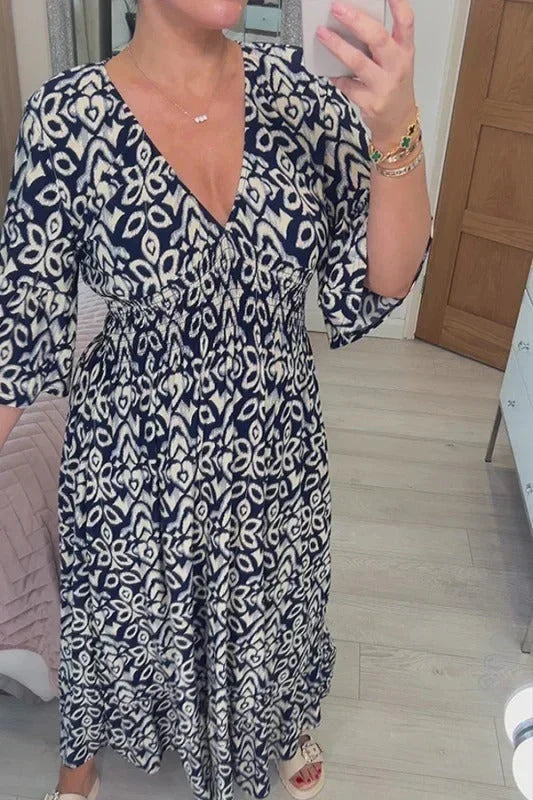 Ikat Print V-Neck Bell Sleeve Smocked Waist Boho Midi Dress 4
