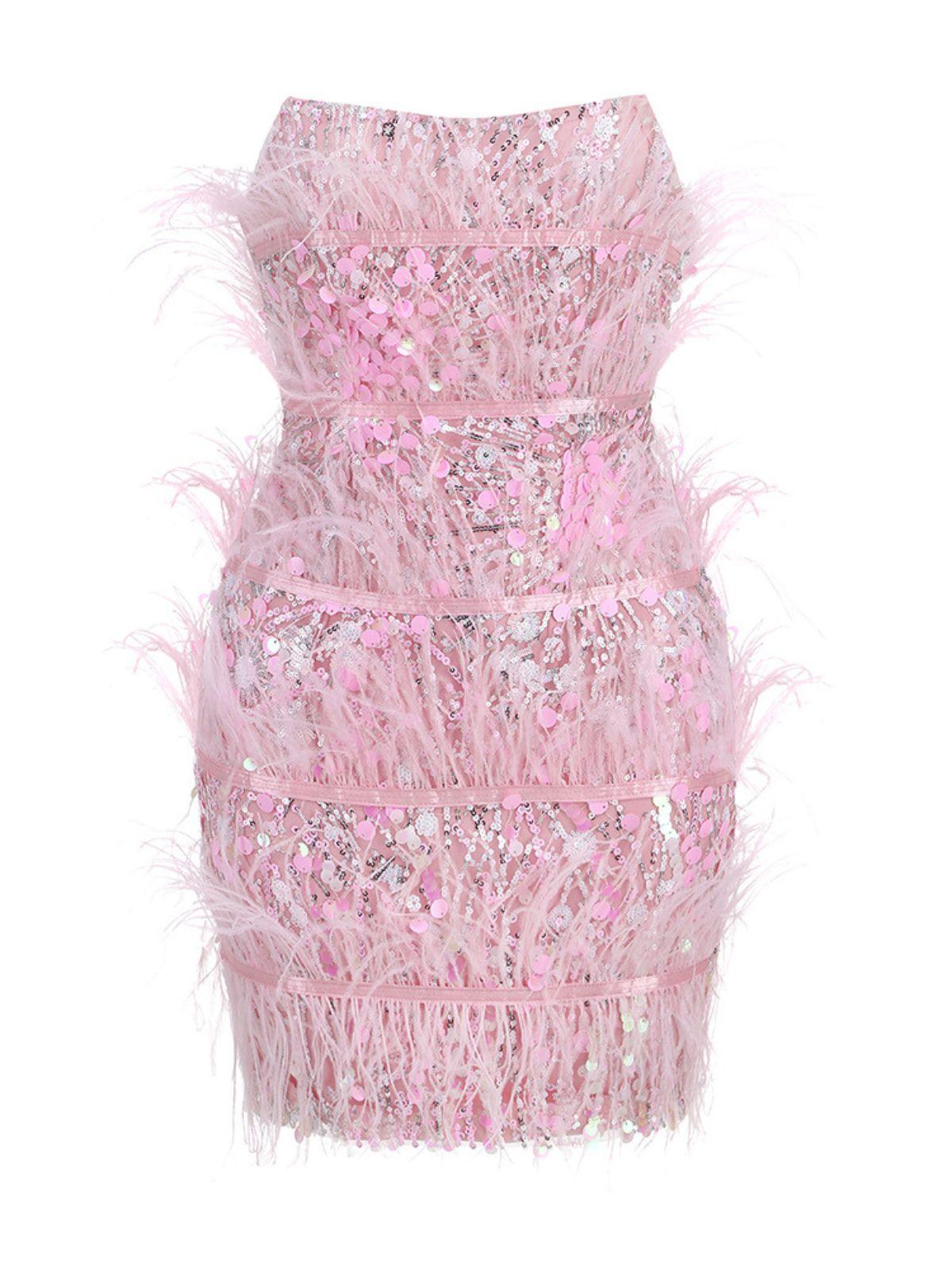 Sequin Strapless Tiered Feather Trim Bodycon Mini Dress - View 6