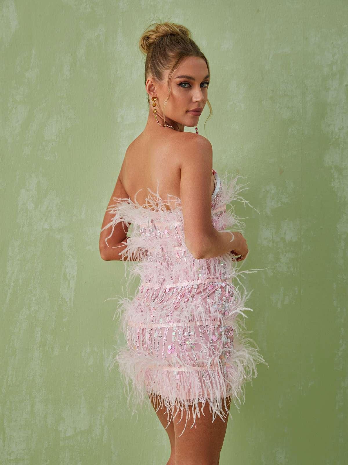 Sequin Strapless Tiered Feather Trim Bodycon Mini Dress - View 5
