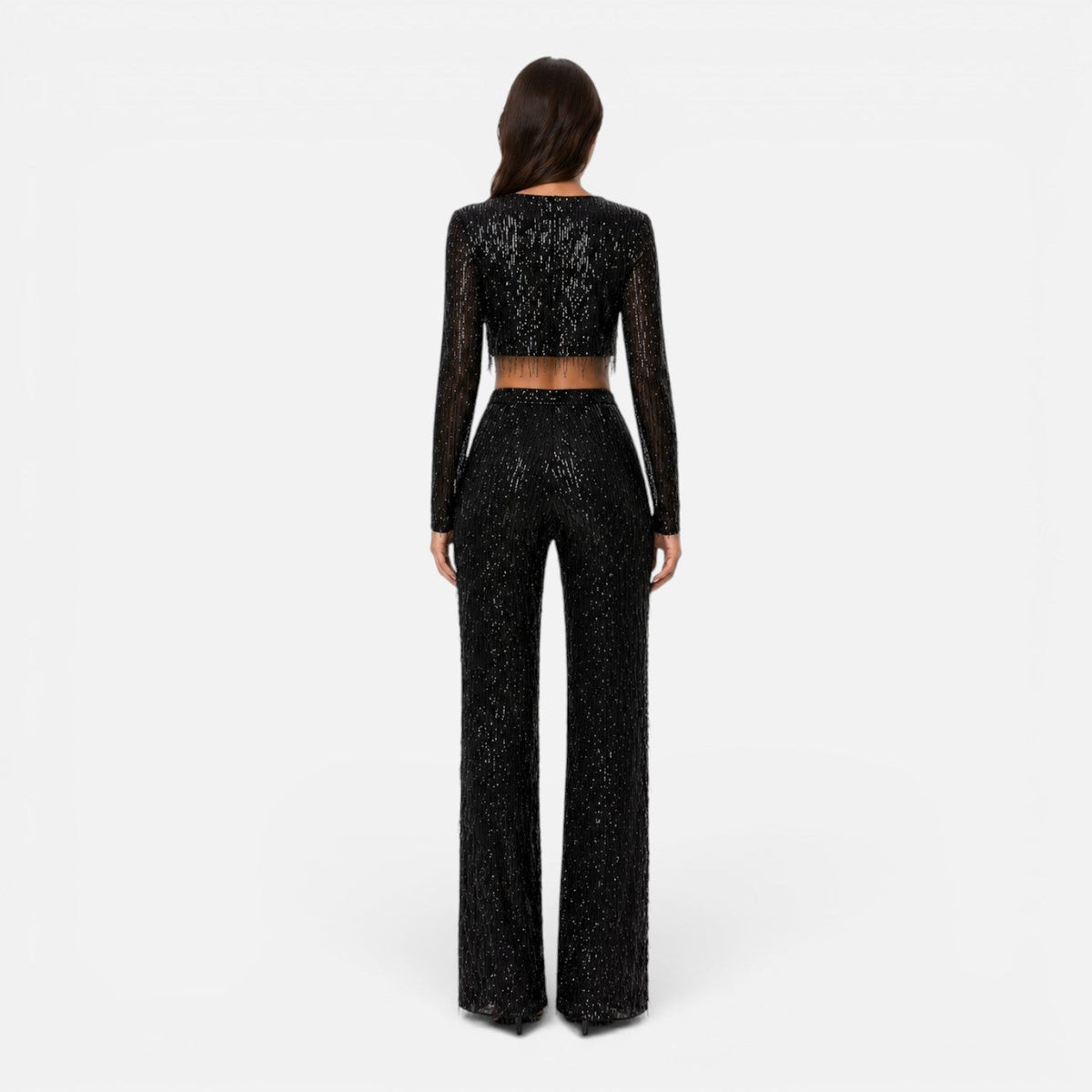 Sequin Fringe Long Sleeve Crop Top and Wide Leg Pants Two Piece Set 5