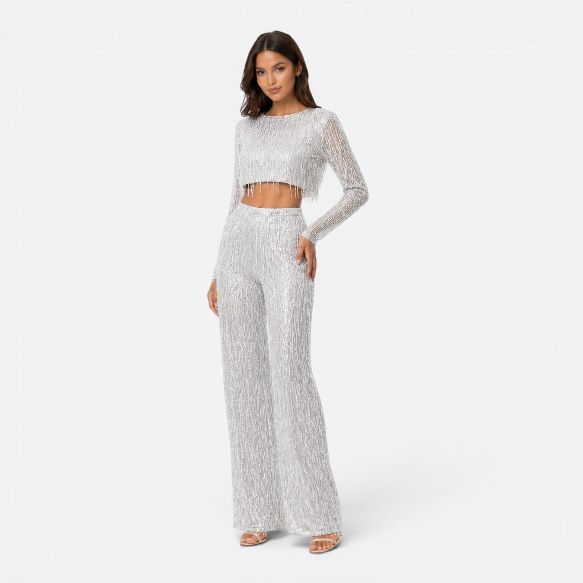 Sequin Fringe Long Sleeve Crop Top and Wide Leg Pants Two Piece Set 3