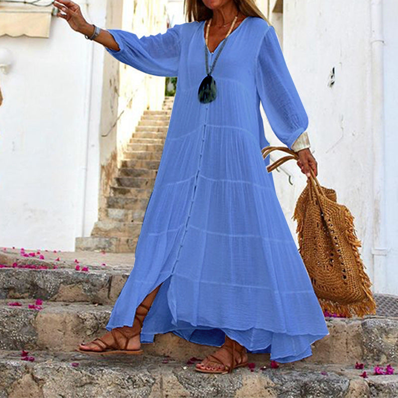 V-Neck Long Sleeve Button Up Tiered Maxi Dress 13