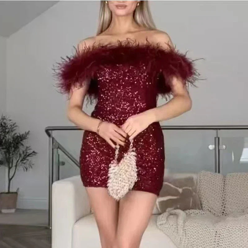 Off Shoulder Feather Trim Sequin Bodycon Mini Dress 6