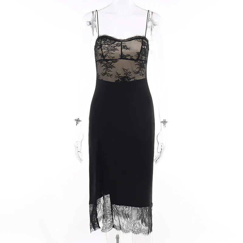 2024 Black Spaghetti Strap Backless Split Lace Dress - View 4