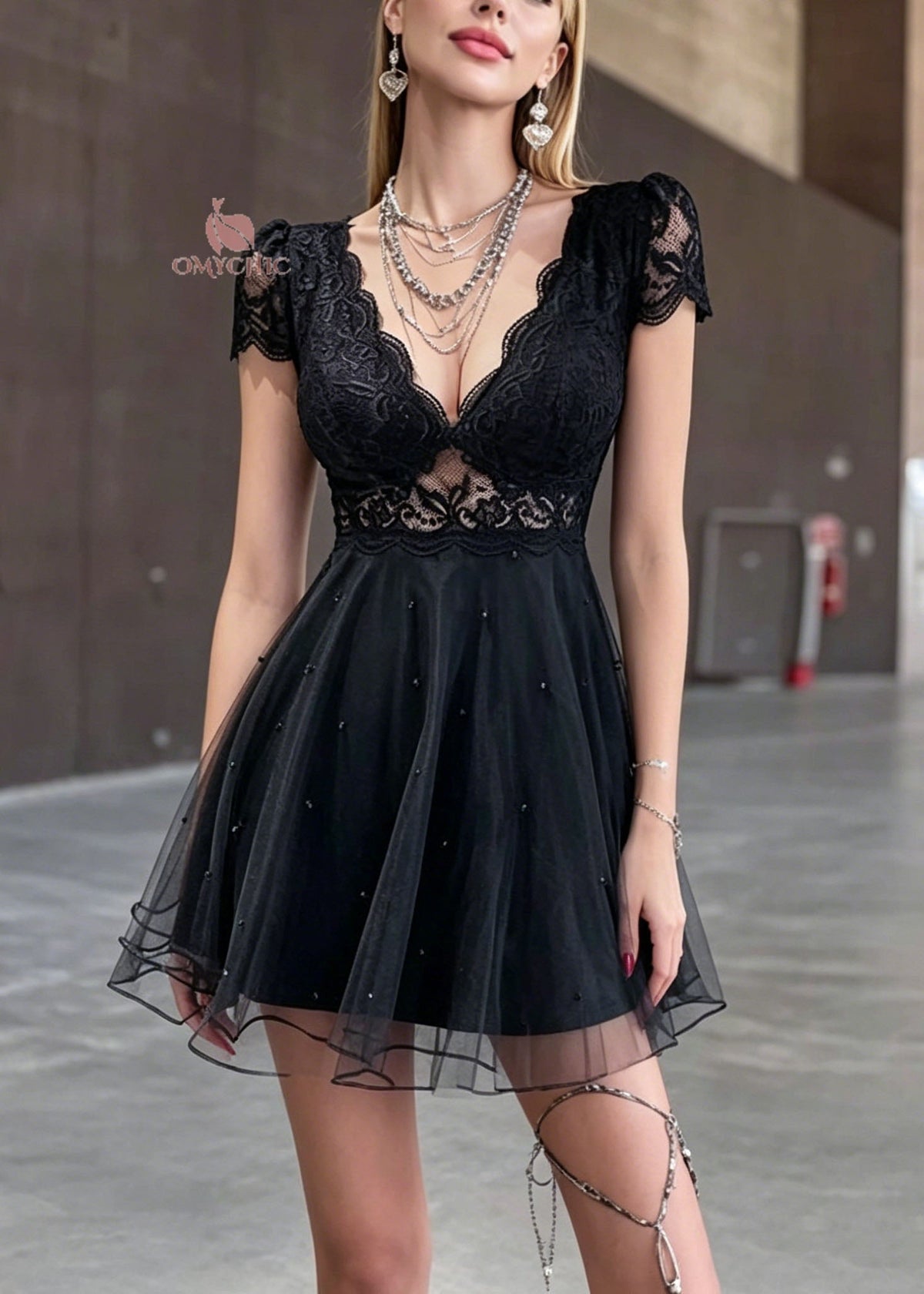 Sexy Black V Neck Lace Patchwork Tulle Mini Dress Summer - View 5