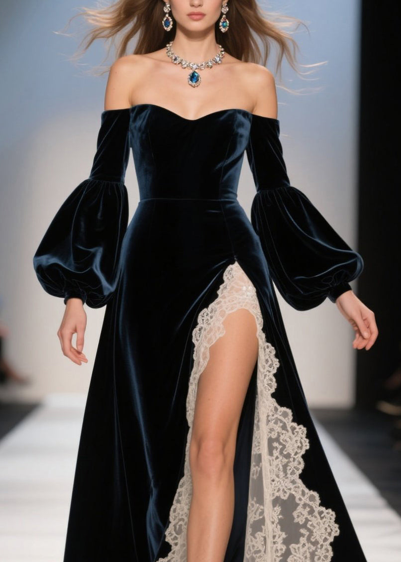 Velvet Off Shoulder Sweetheart Bishop Sleeve Lace Trim Maxi Gown - View 2