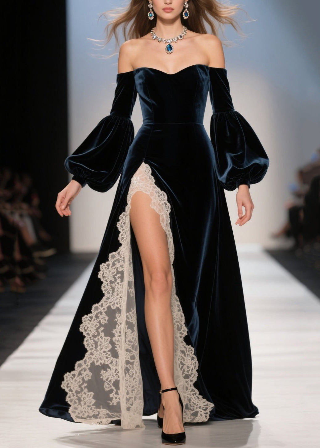 Velvet Off Shoulder Sweetheart Bishop Sleeve Lace Trim Maxi Gown - View 3