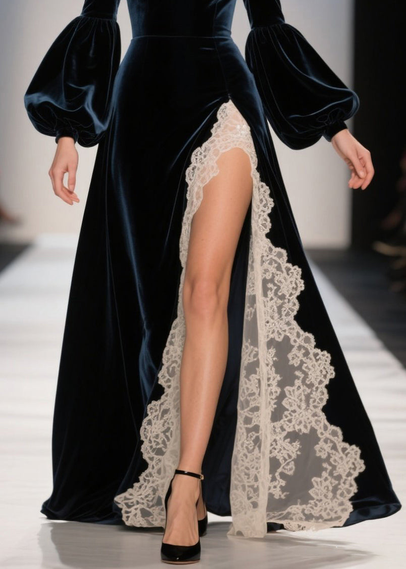 Velvet Off Shoulder Sweetheart Bishop Sleeve Lace Trim Maxi Gown - View 4