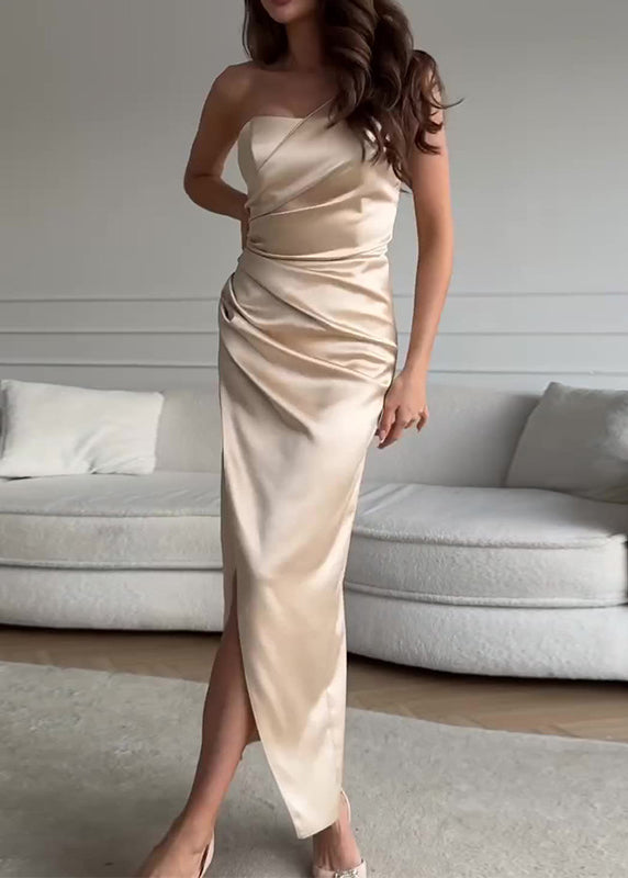 Satin One Shoulder Sleeveless Ruched Diagonal Seam Maxi Dress - View 3