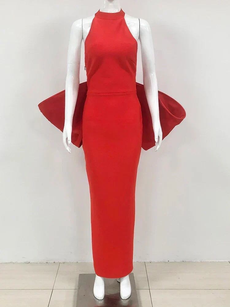 Sexy Halter Neck Backless Bow Design Red Sleeveless Bodycon Christmas Party Dress / Xs Dresses-L