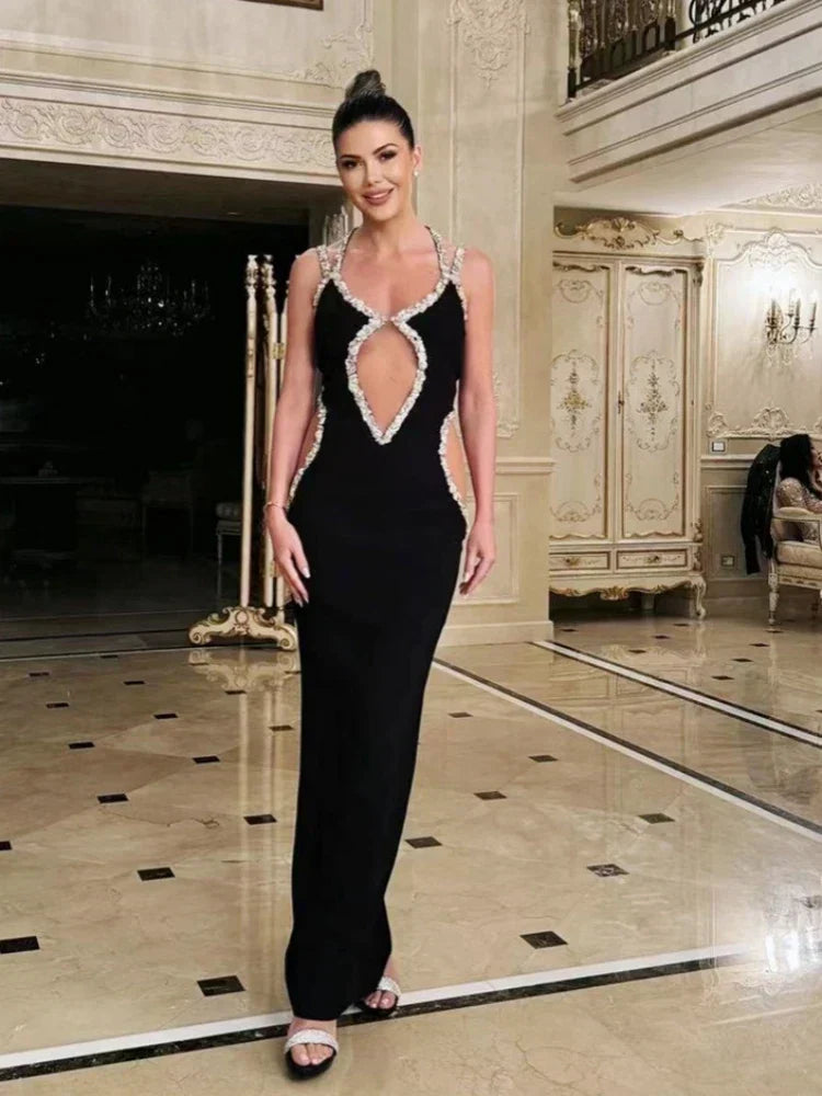 Halter Neck Rhinestone Cut Out Backless Mermaid Maxi Dress 5