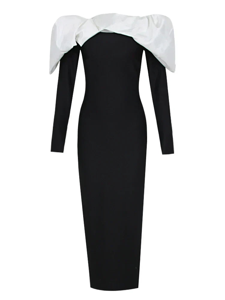 Off Shoulder Long Sleeve Contrast Wrap Ruched Velvet Bodycon Maxi Dress 7