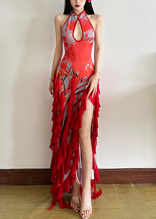 Sexy Red Backless Ruffled Side Open Tulle Long Dresses Summer - View 2