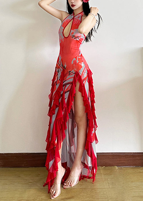 Sexy Red Backless Ruffled Side Open Tulle Long Dresses Summer - View 4
