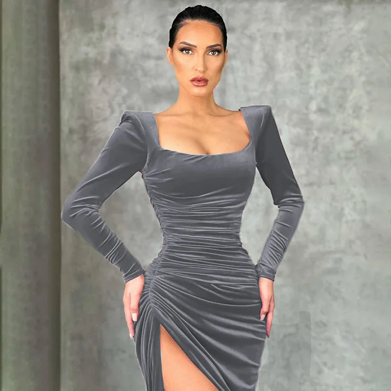 Sexy Red Velvet Elegant Midi Christmas Party Dress Dark Grey / S Dresses-L