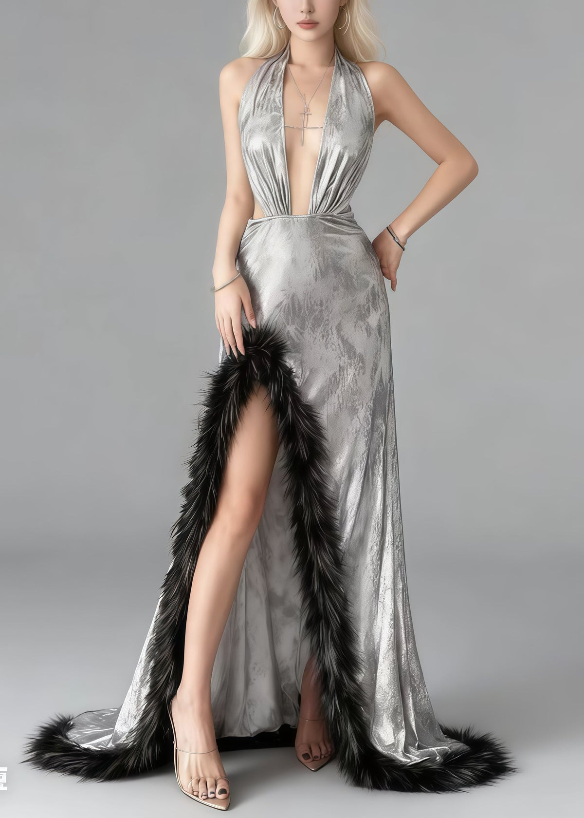 Metallic Halter Neck Deep V-Neck Cut Out High Split Maxi Gown - View 3