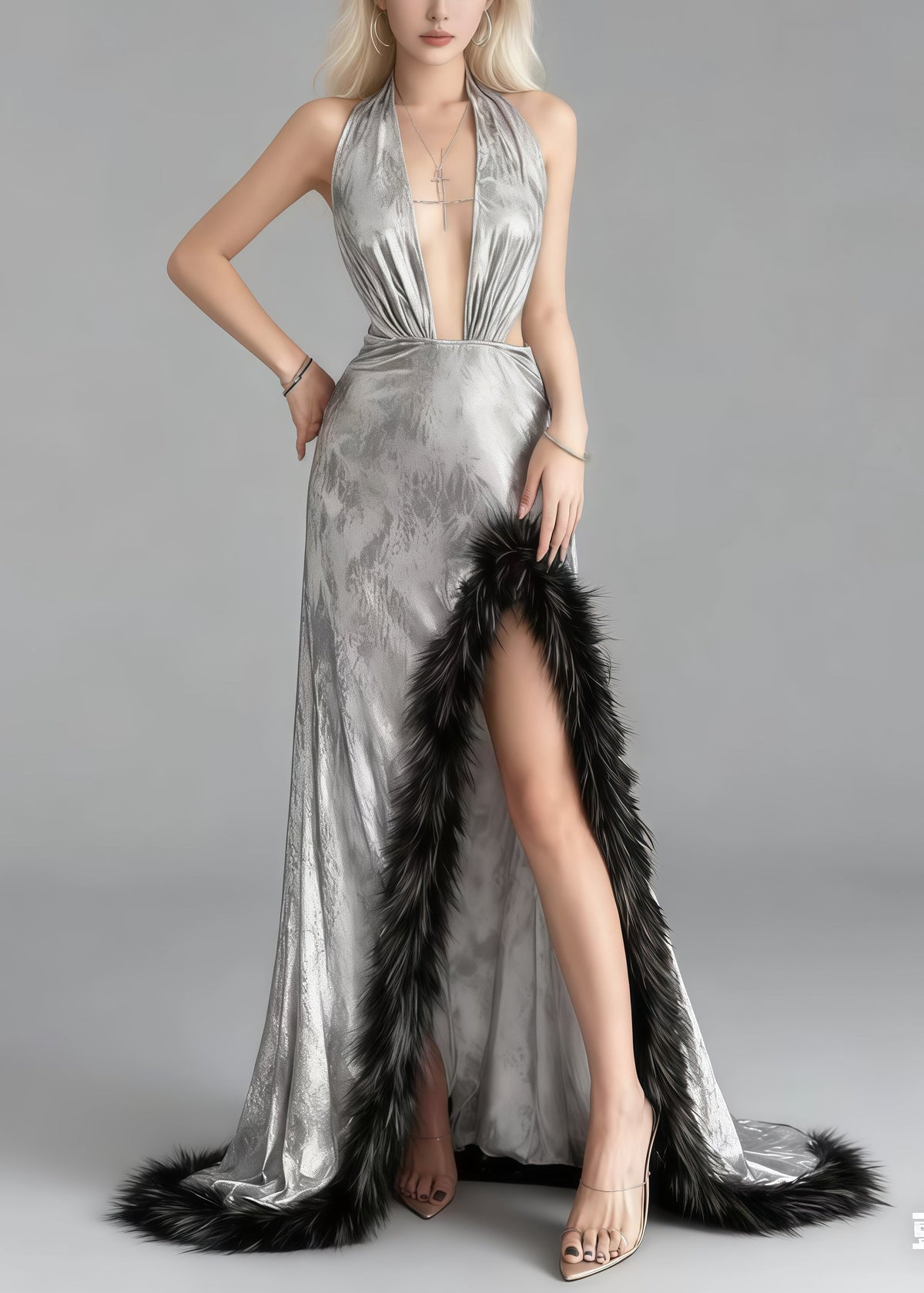 Metallic Halter Neck Deep V-Neck Cut Out High Split Maxi Gown - View 5