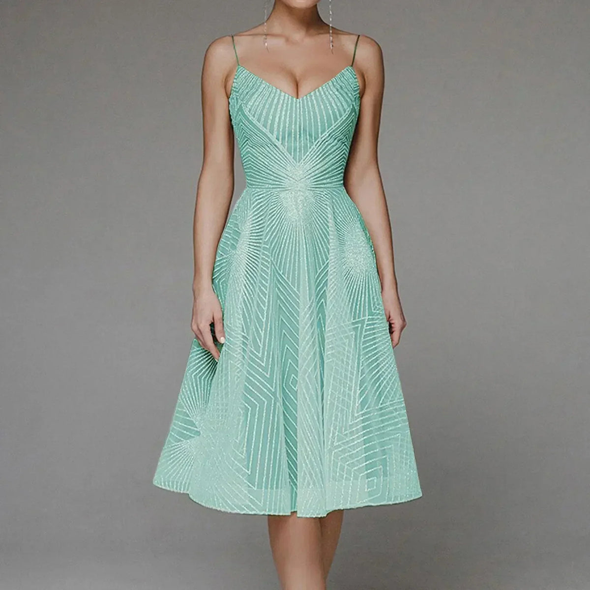 Glitter Spaghetti Strap V-Neck A-Line Midi Party Dress in Beige - View 8