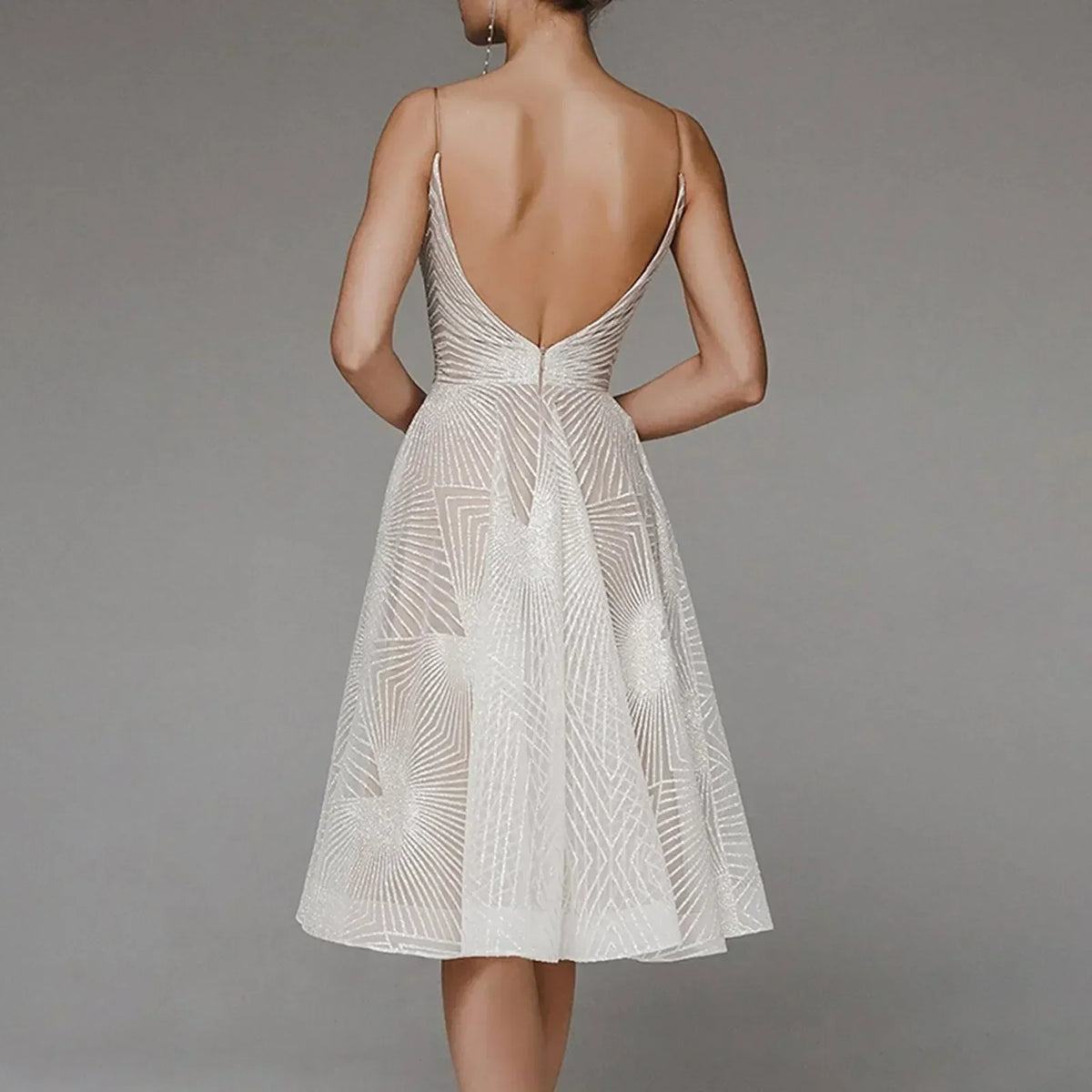 Glitter Spaghetti Strap V-Neck A-Line Midi Party Dress in Beige - View 3