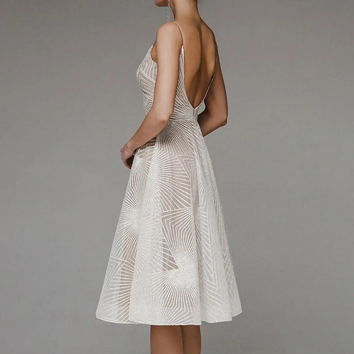Glitter Spaghetti Strap V-Neck A-Line Midi Party Dress in Beige - View 4