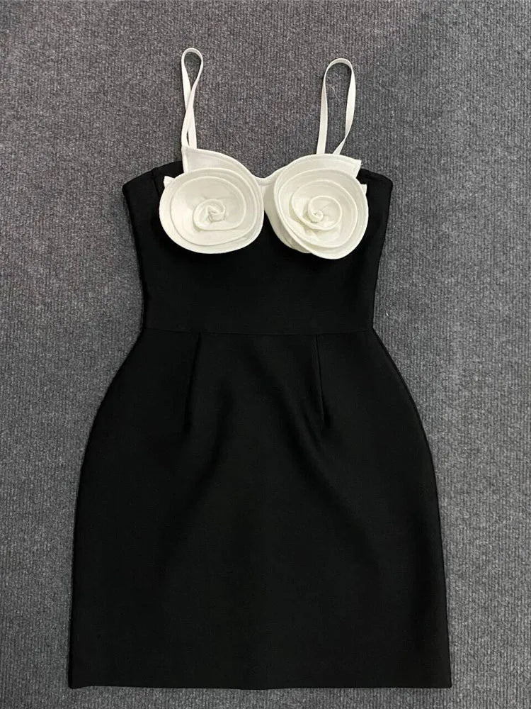 Sexy Spaghetti Strap 3D Flower Bandage Sleeveless Floral A-Line Christmas Party Dress Black / S