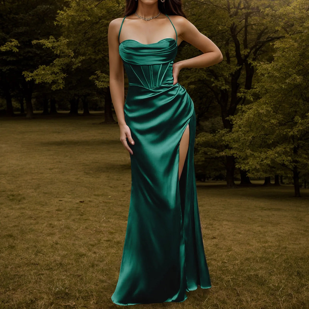 Satin Spaghetti Strap Corset High Split Mermaid Maxi Dress - View 2