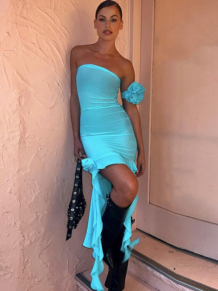 Halter Neck Backless Ruffle Sheer Mesh Midi Dress - View 4