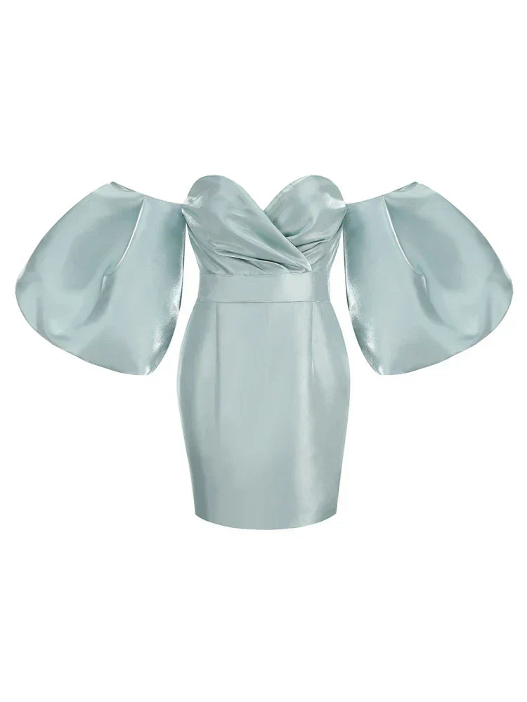 Sexy V-Neck Strapless Puff Sleeve Satin Midi Off Shoulder Christmas Party Dress Blue / S Dresses-L