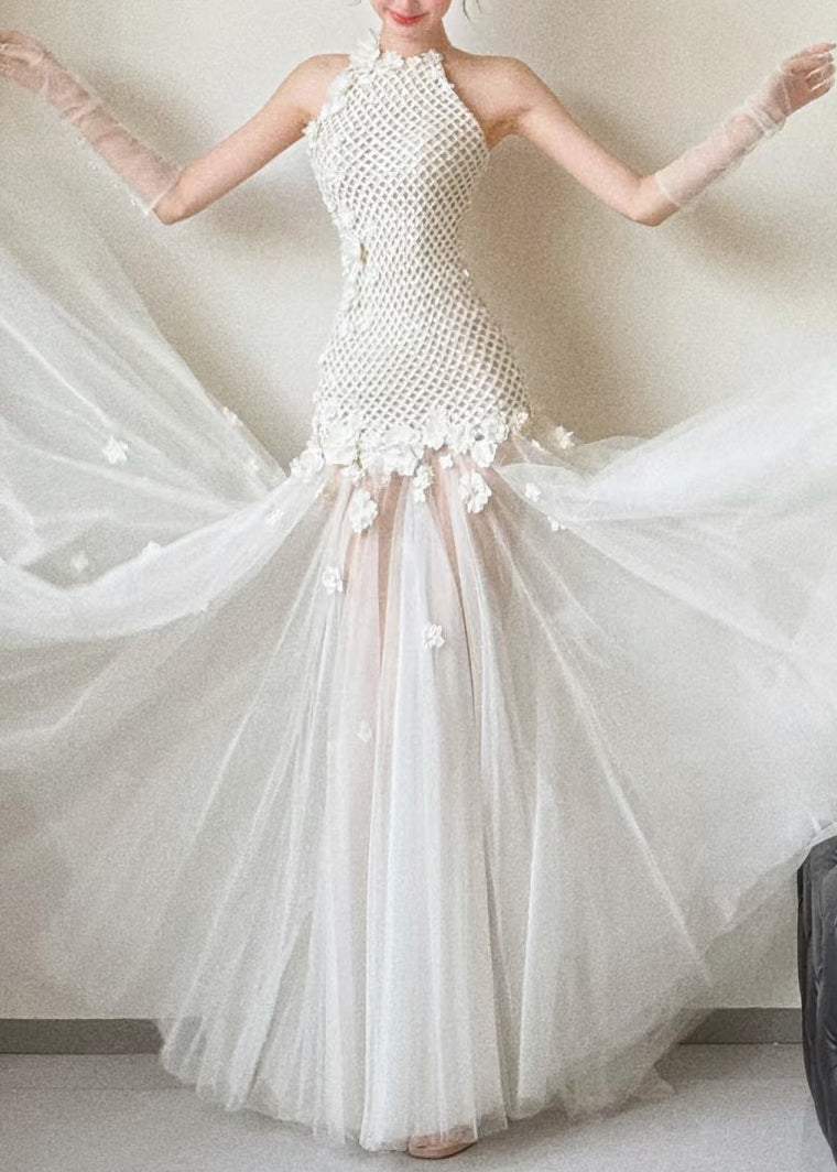 Halter Neck Lattice Bodice Floral Appliqué Tulle Maxi Gown - View 2