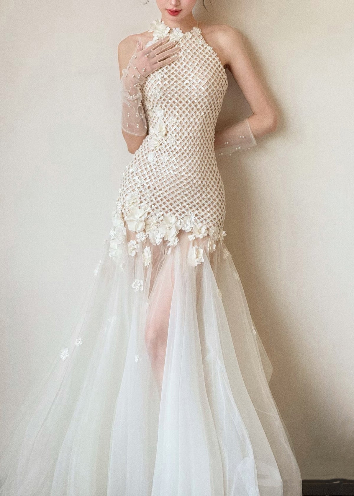 Halter Neck Lattice Bodice Floral Appliqué Tulle Maxi Gown - View 3
