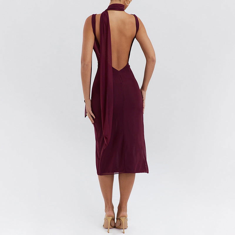 Trend Mesh Stitching Swing Collar Sleeveless Split Backless Hip Dress - View 3