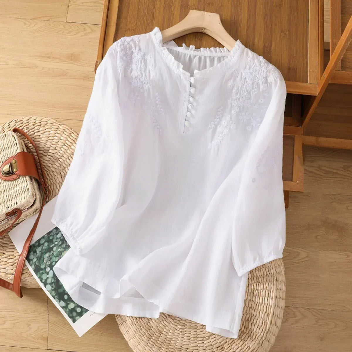 Embroidered Button Placket Puff Sleeve Blouse 4