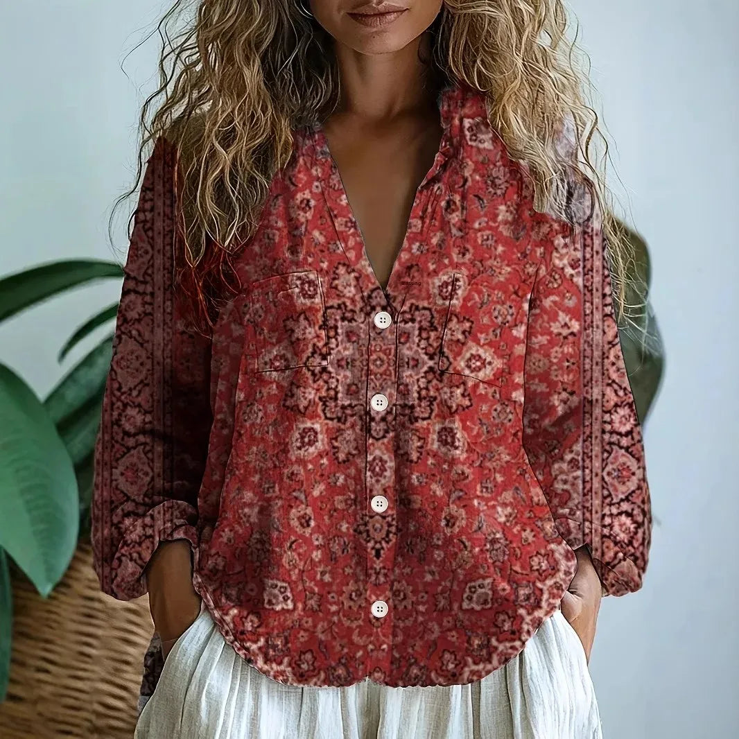 Dragonfly Leaf Print V-Neck Button Front Long Sleeve Blouse 6