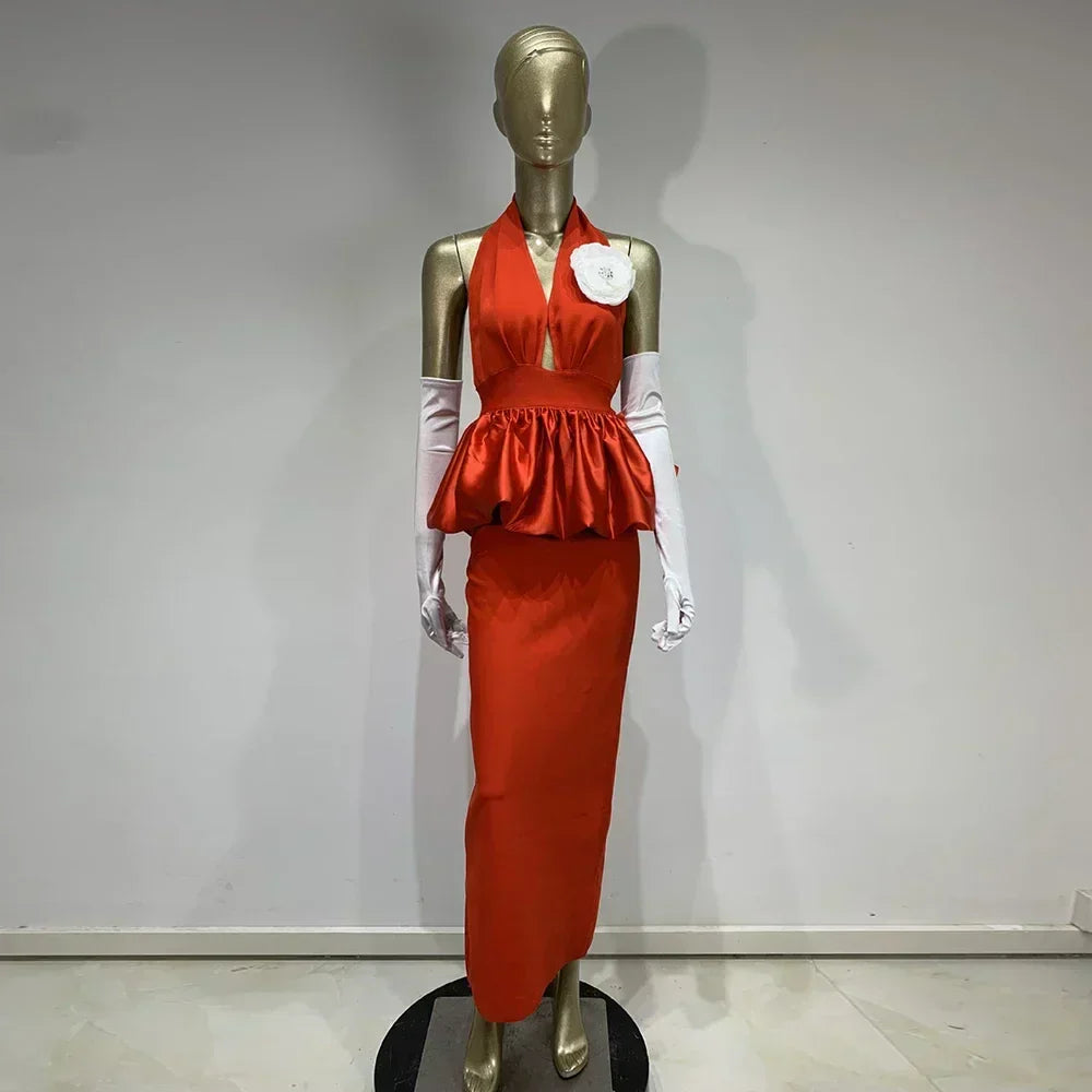 Halter Neck Deep V-Neck Flower Applique Ruffled Peplum Mermaid Gown - View 3