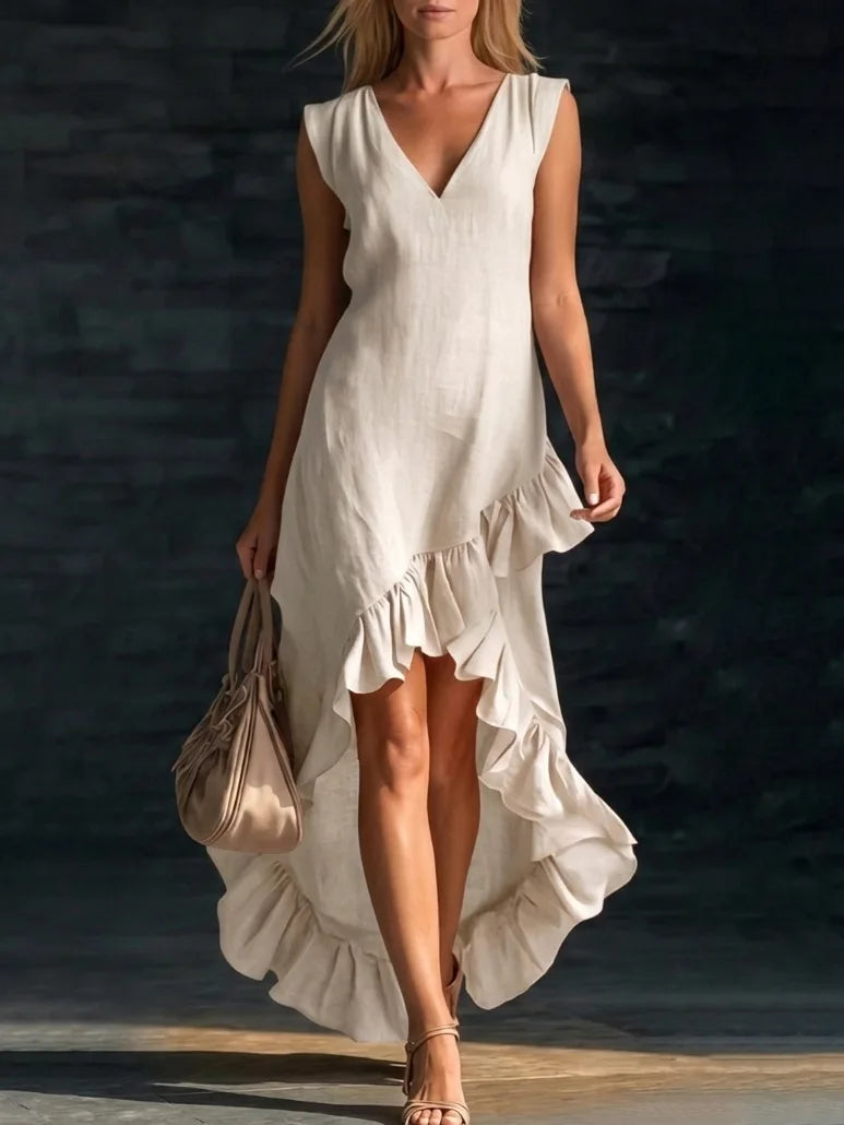V-Neck Sleeveless Ruffle Hem High Low Maxi Dress 11
