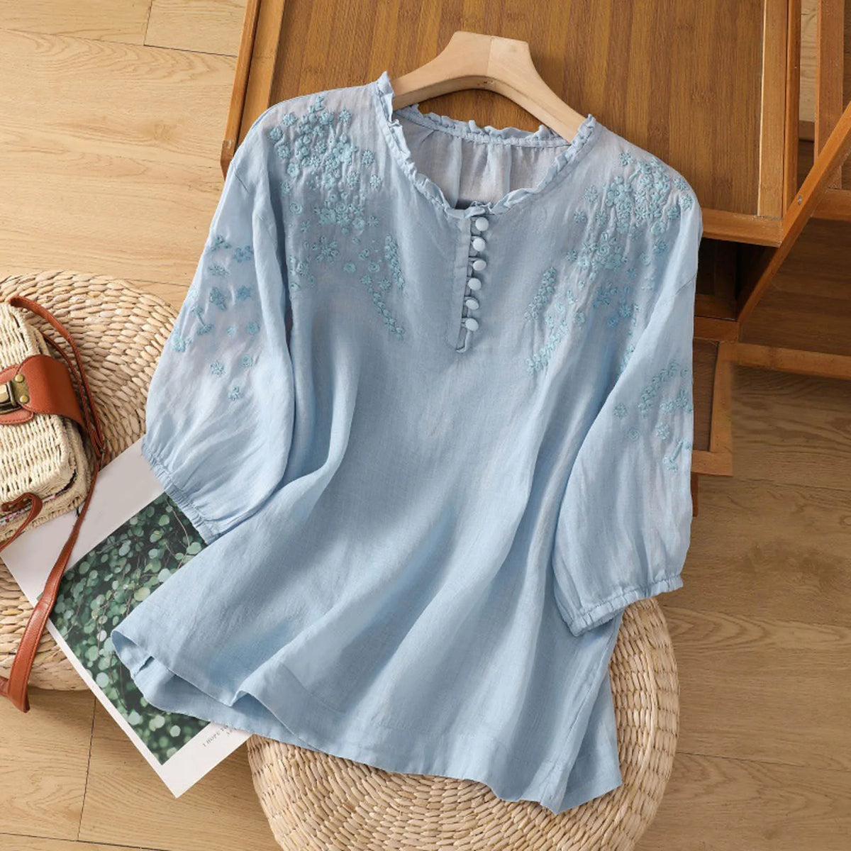 Embroidered Button Placket Puff Sleeve Blouse 2
