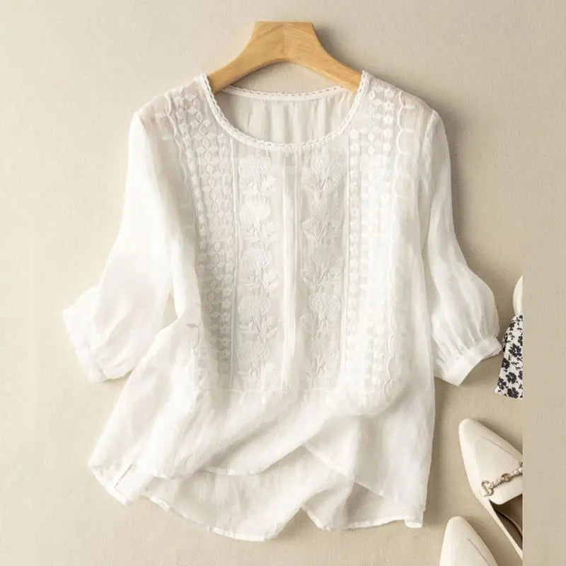 Round Neck Three Quarter Sleeve Embroidered Eyelet Blouse 2