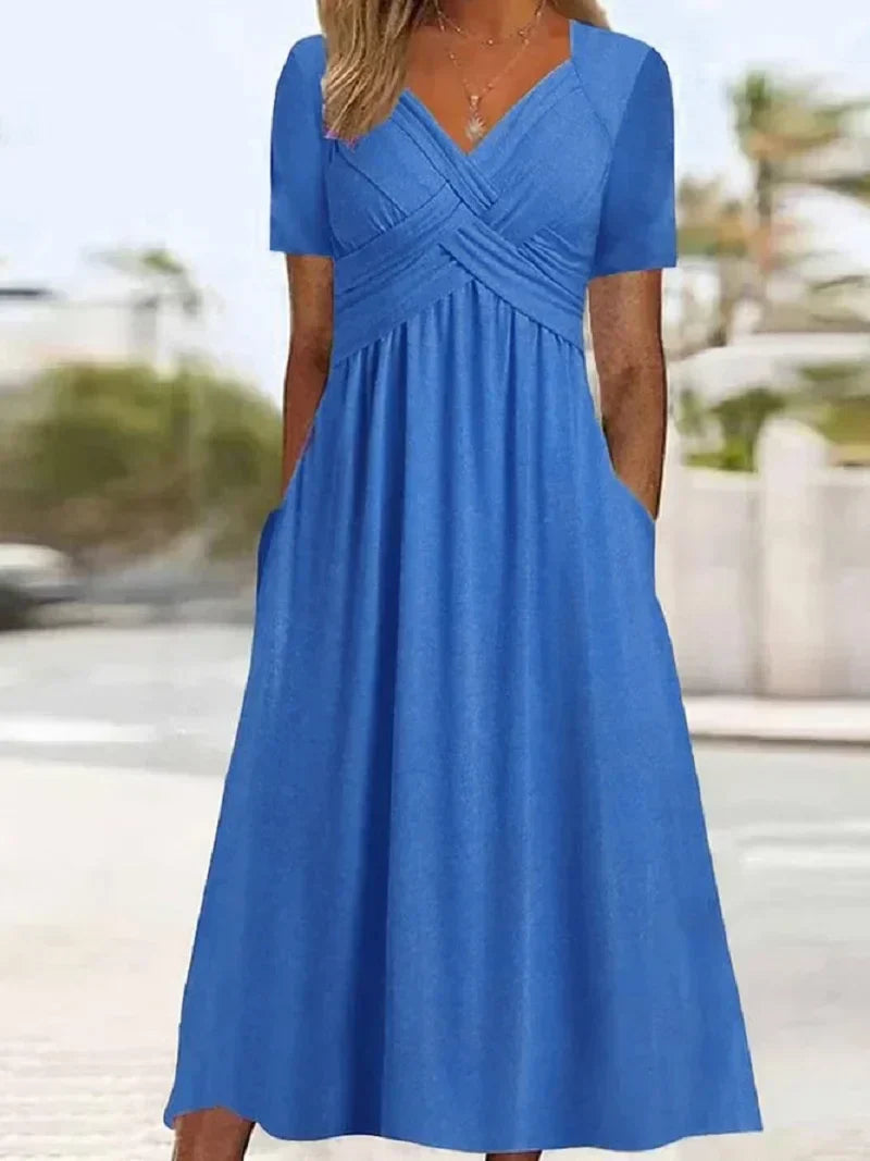 V-Neck Short Sleeve Surplice Wrap Pleated Pocket Maxi Dress - View 4